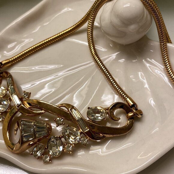 Vintage Signed TRIFARI Pat Pend Alfred Phillipe Gold Tone RHINESTONE NECKLACE - Picture 5 of 9